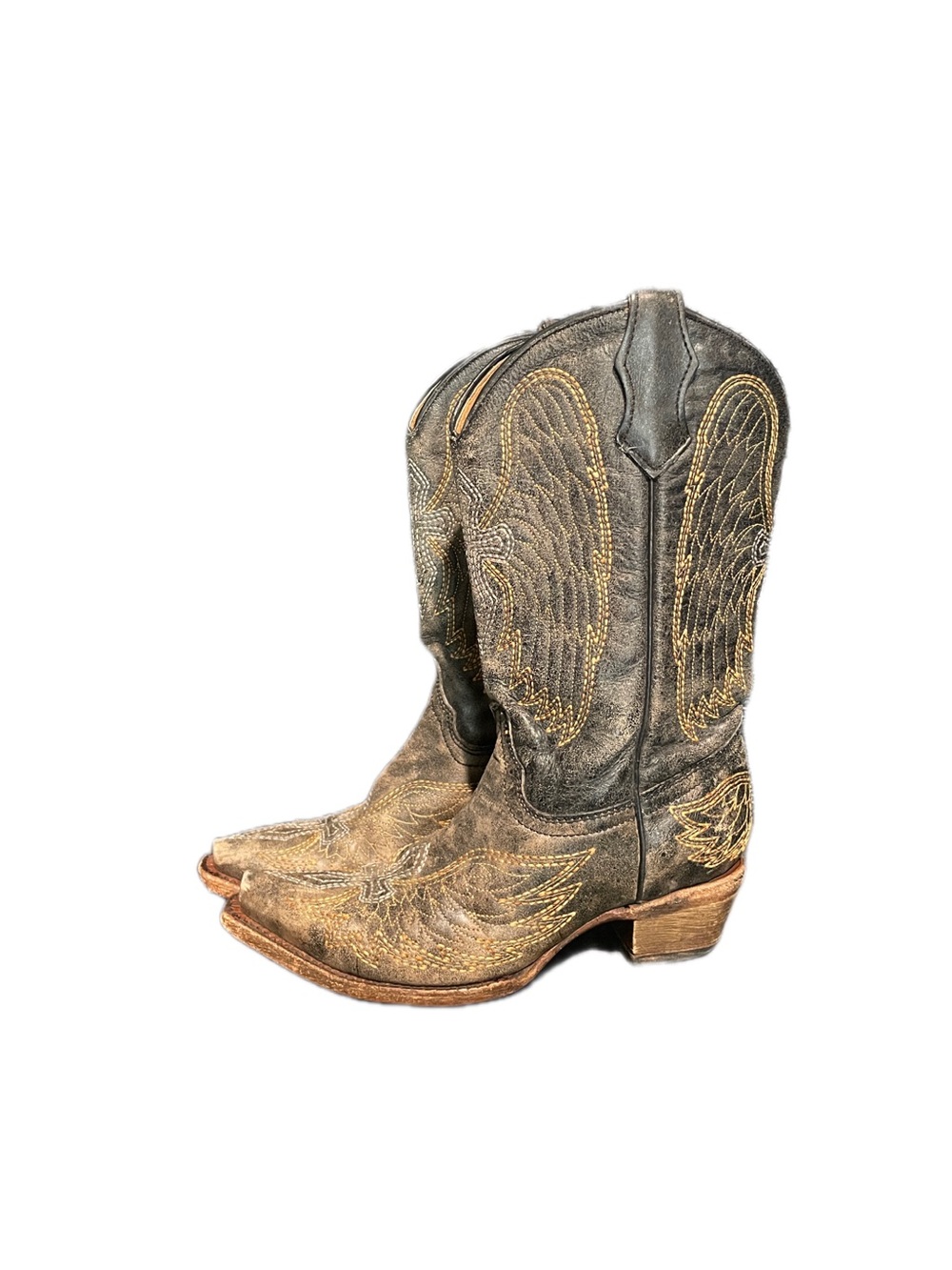 Vintage Corral Teens Boots Gray Leather Angel Wing Cross Cowgirl Size 3.5T